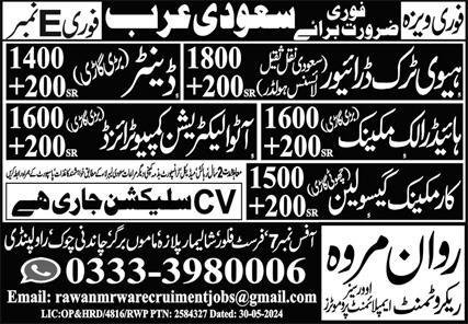 Hydraulic Mechanic & Auto Electrician Computerized Jobs – Rawan Marwa Recruitment Overseas Employment Promoters Jobs 2024 — original advertisement