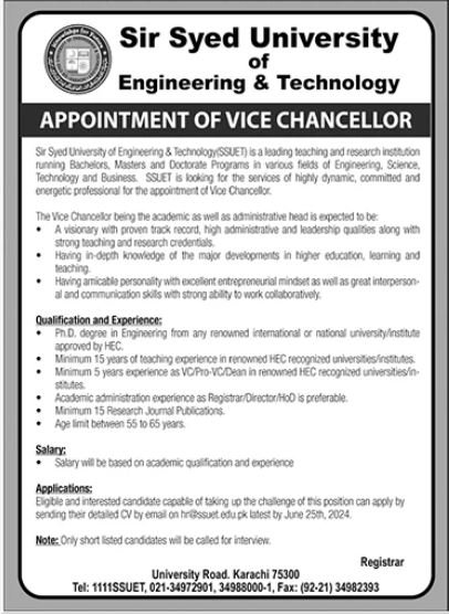 Sir Syed University Of Engineering Karachi Jobs 2024 – Sir Syed CASE Institute of Technology Jobs 2024 — original advertisement