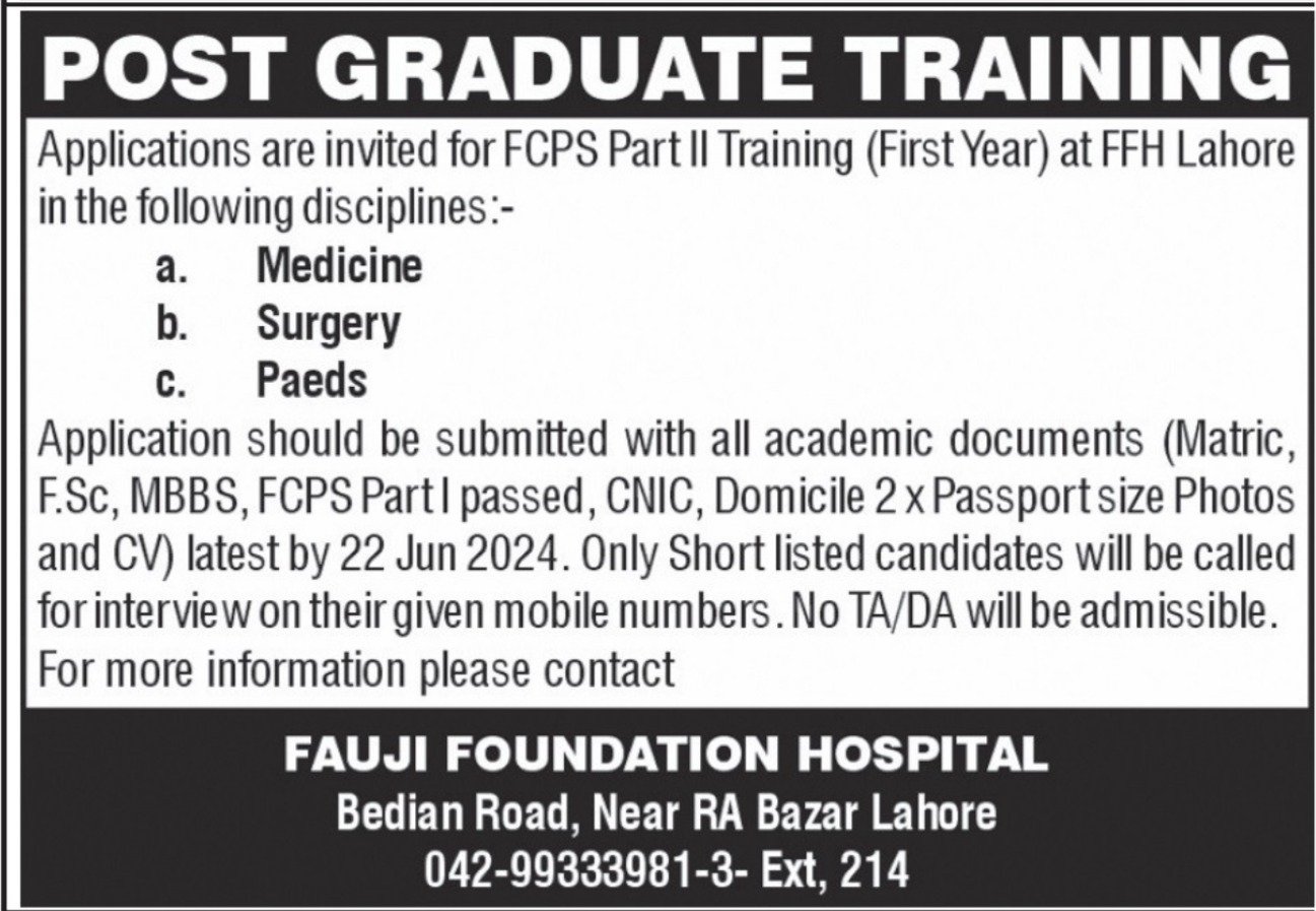 Fauji Foundation Hospital Lahore Jobs 2024 – Fauji Foundation Rawalpindi Jobs 2024 — original advertisement