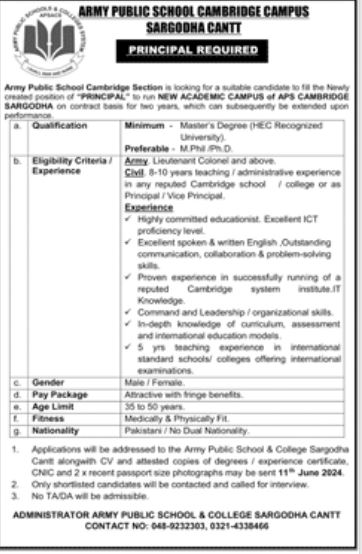 Army Public School APS Cambridge Campus Sargodha Jobs 2024 – Army Public School & College Paksitan Jobs 2024 — original advertisement