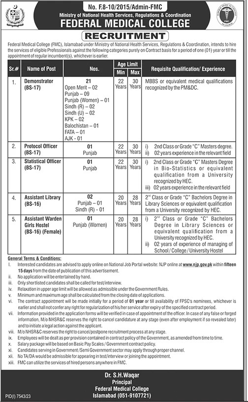 Federal Medical College FMC Islamabad Jobs 2024 – Ministry of National Health Services Regulation and Coordination Jobs 2024 — original advertisement
