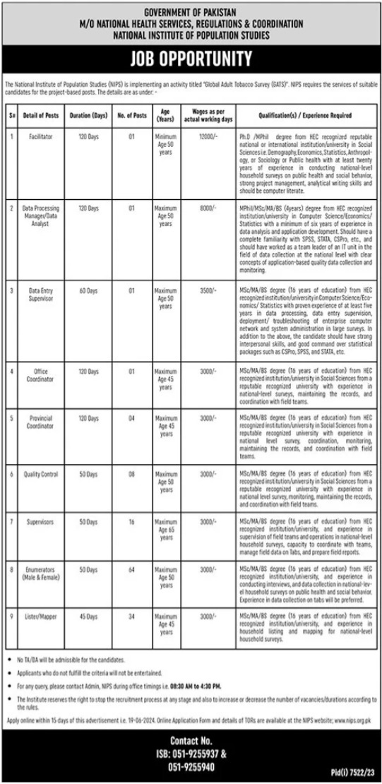 National Institute Of Population Studies NIPS Jobs 2024 – National Institute Of Population Studies Islamabad Jobs 2024 — original advertisement
