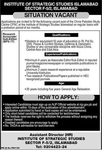 The Institute Of Strategic Studies Islamabad Jobs 2024 Jobs 2024 — original advertisement