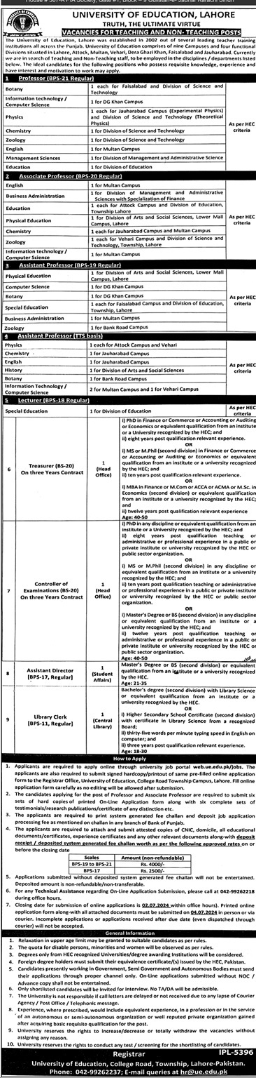 Univerisity of Education Lahore Punjab Jobs 2024 – University of Education Lahore Jobs 2024 — original advertisement