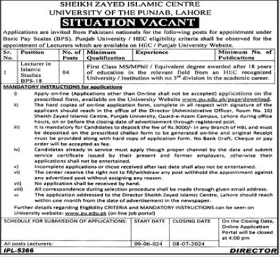 Sheikh Zayed Islamic Centre Lahore Punjab Jobs 2024 – Sheikh Zayed Medical College Hospita Rahim Yar Khan Jobs 2024 — original advertisement