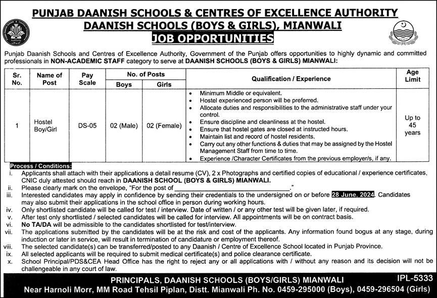 Daanish Schools Boys And Girls Mianwali Jobs 2024 – Punjab Daanish School Jobs 2024 — original advertisement