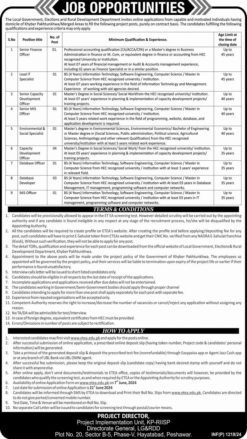 Local Government Elections Department Jobs 2024 – Local Govt Department KPK Jobs 2024 — original advertisement