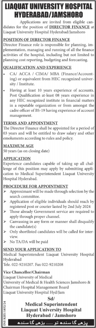 Liaquat University Hospital Hyderabad Jobs 2024 – Liaquat University of Medical & Health Sciences (LUMHS) Jamshoro Jobs 2024 — original advertisement