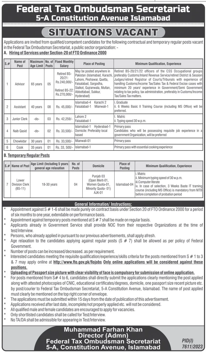 Federal Tax Ombudsman Secretariat Islamabad Jobs 2024 – Federal Tax Ombudsman Secretariat Pakistan Islamabad Jobs 2024 — original advertisement
