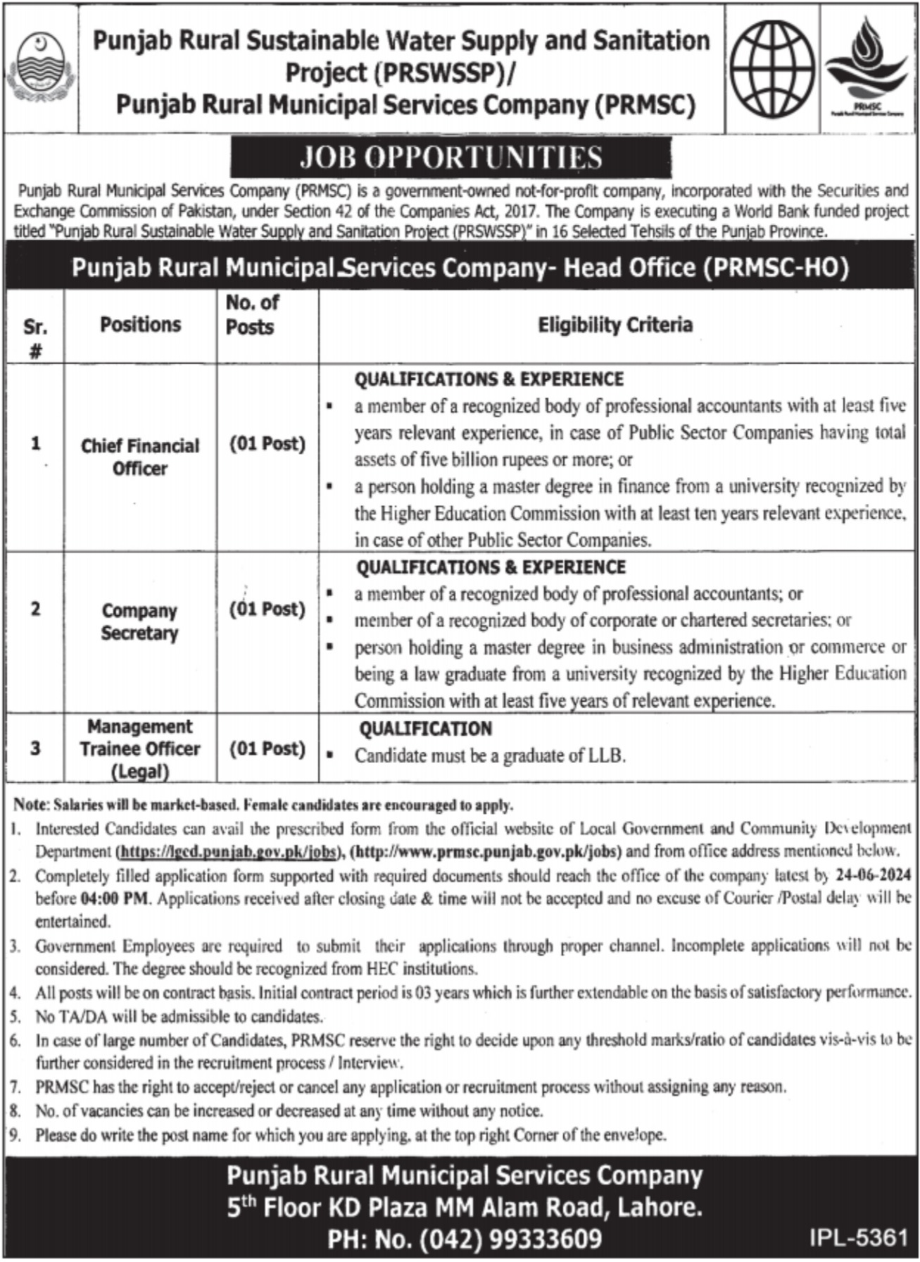 Punjab Rural Municipal Services Company Lahore Jobs 2024 – Punjab Rural Municipal Services Company PRMSC Jobs 2024 — original advertisement