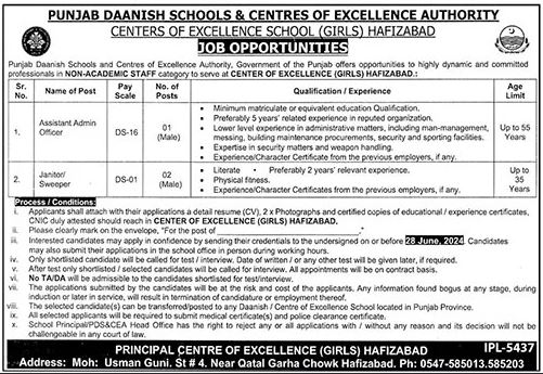 Centers Of Excellence School Hafizabad Jobs 2024 – Punjab Daanish School Jobs 2024 — original advertisement