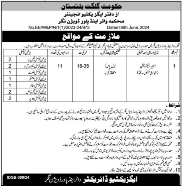 Water & Power Division Nagar Valley Jobs 2024 – Water and Power Development Authority Jobs 2024 — original advertisement