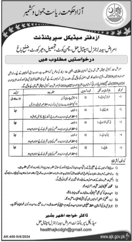 General Hospital Bagh Jobs 2024 – Govt of Azad Kashmir Jobs 2024 — original advertisement