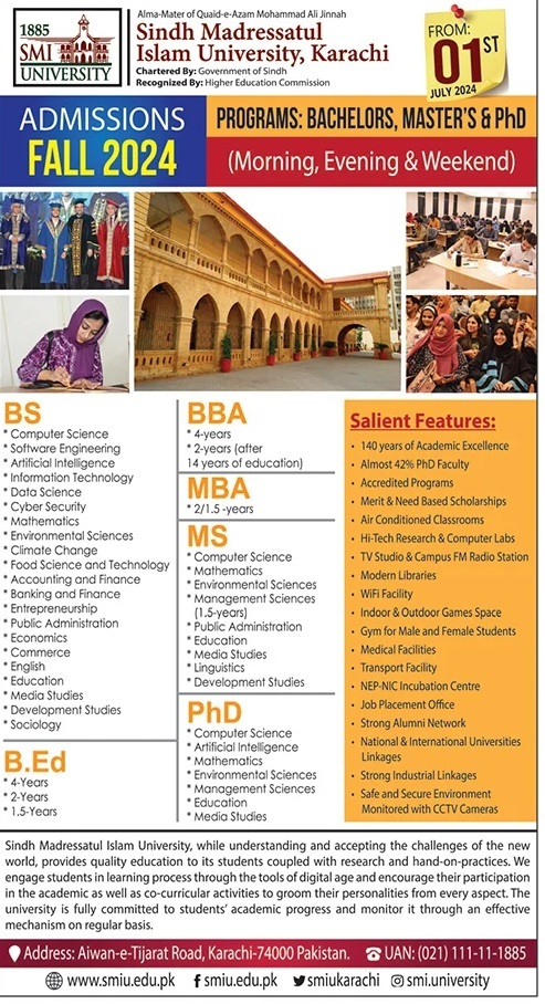 Admission Open in Sindh Madressatul Islamic University 2024 – Sindh Madressatul Islam University Karachi Admissions 2024 — original advertisement