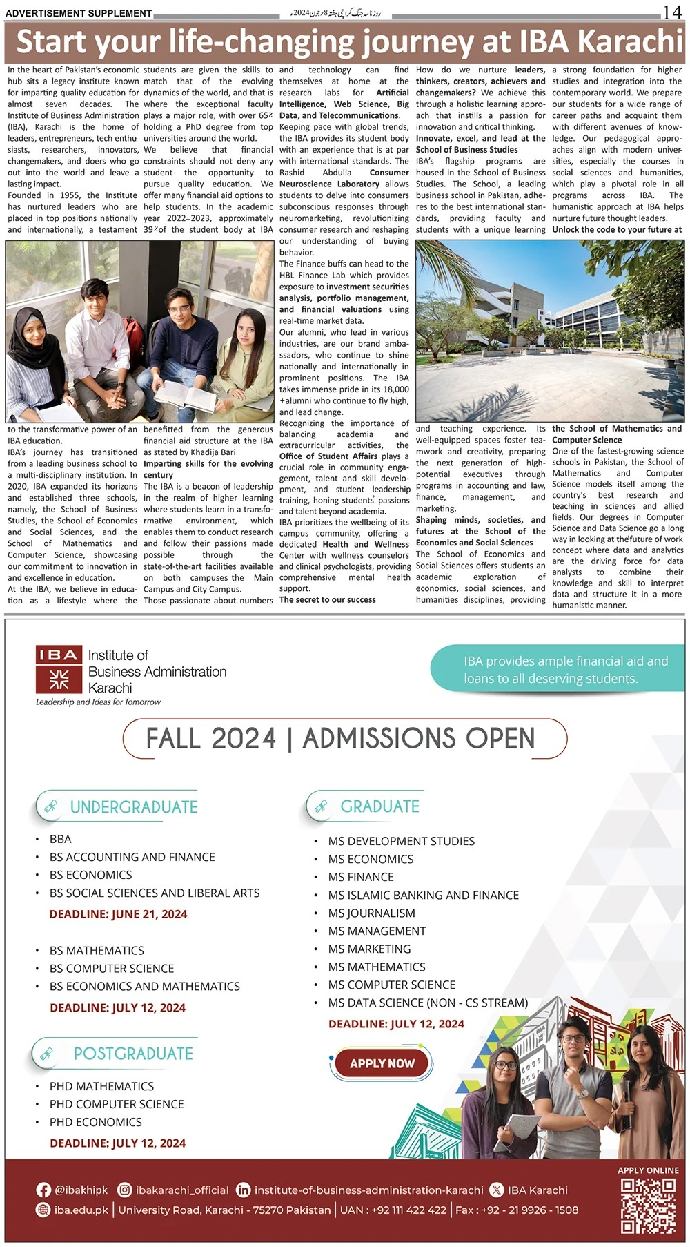 Institute of Busineess Administration Karachi 2024 – IBA Karachi Admissions 2024 — original advertisement