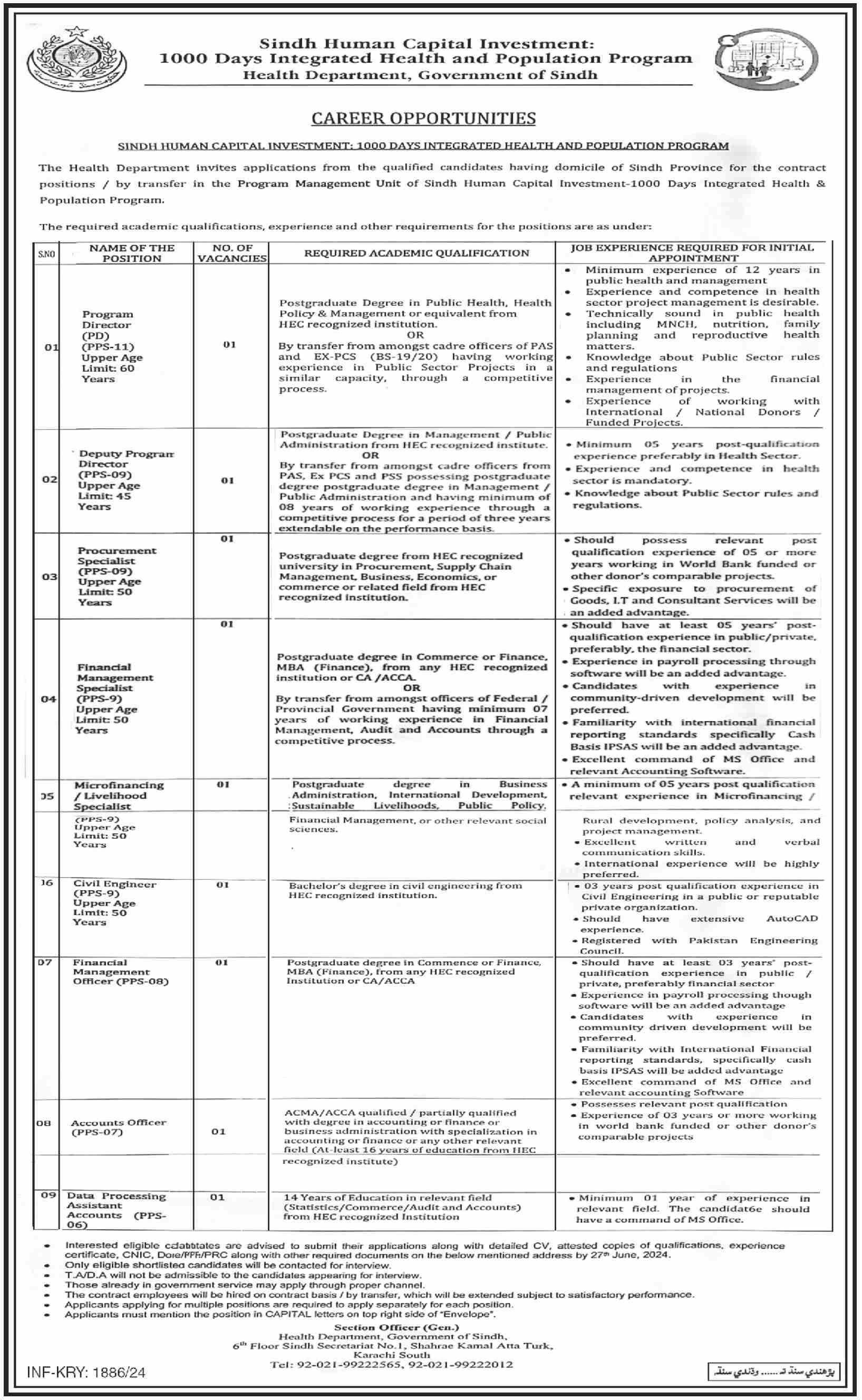 Health Department Sindh Karachi Jobs 2024 Jobs 2024 — original advertisement