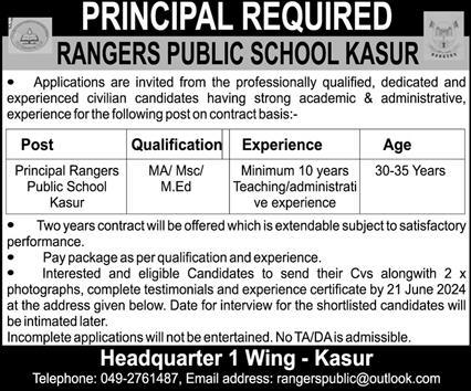 Rangers Public School Kasur Punjab Jobs 2024 – Sindh Rangers Jobs 2024 — original advertisement