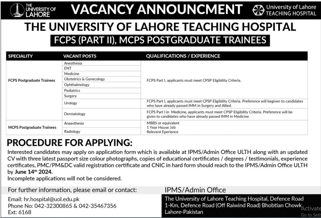 University of Lahore Teaching Hospital Jobs 2024 Jobs 2024 — original advertisement