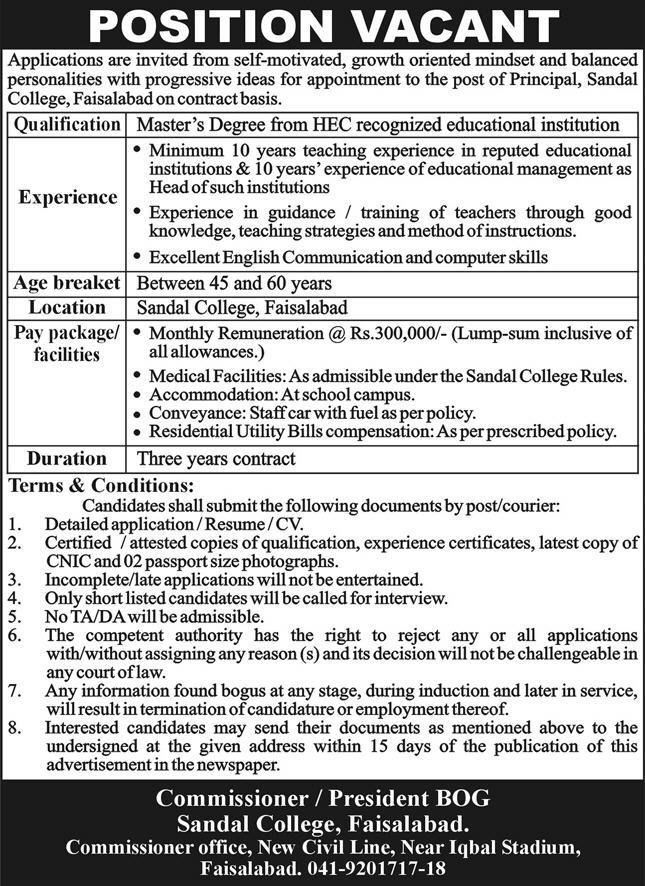 Sandal College Faislabad Jobs 2024 – Sandal College Faisalabad Jobs 2024 — original advertisement