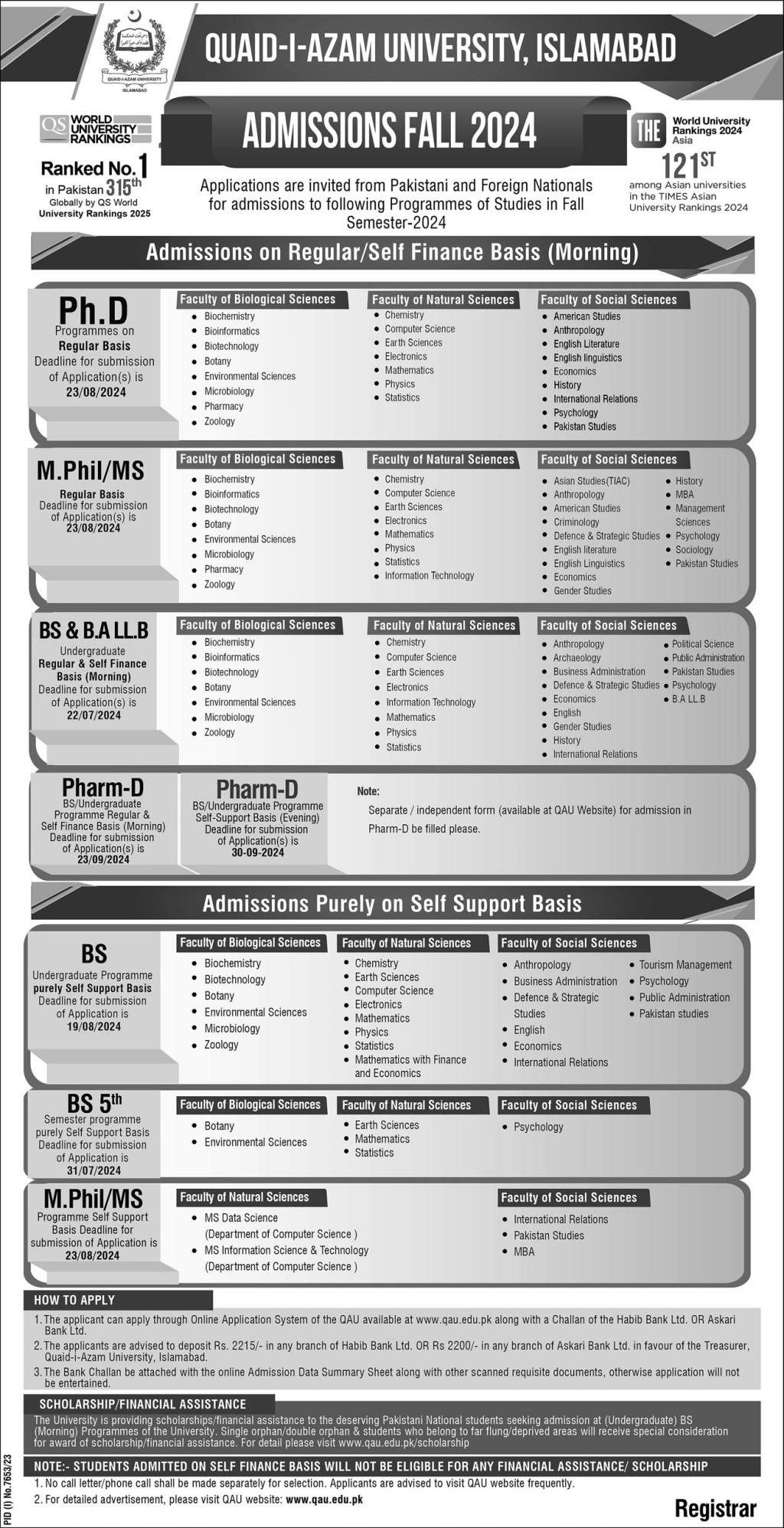 Admission Open in Quaid I azam University Islamabad 2024 – Quaid-i-Azam University, Islamabad , Pakistan Admissions 2024 — original advertisement