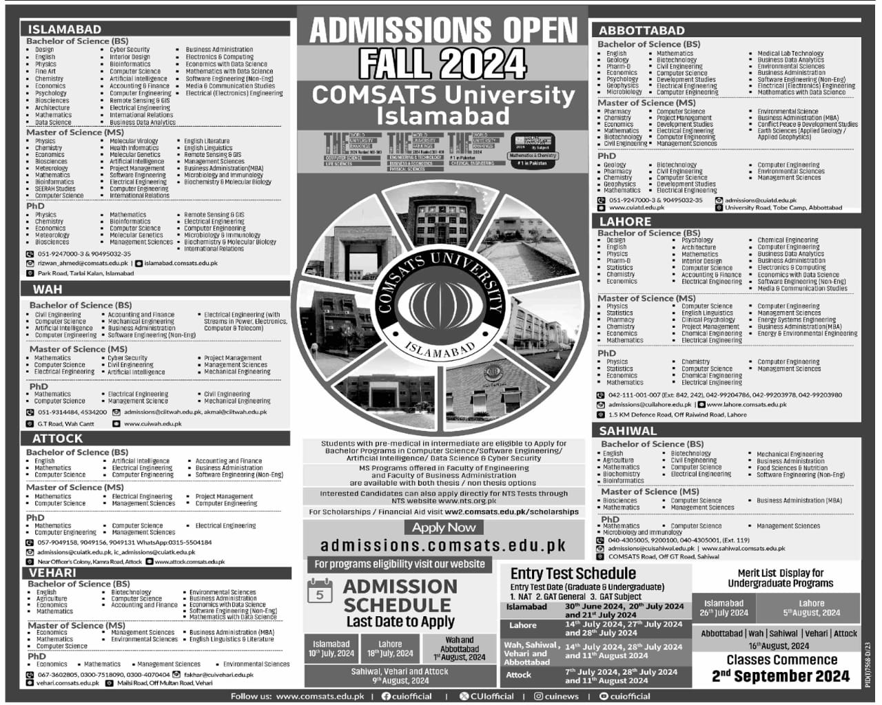 Admission Open in Comsats University Islamabad 2024 Admissions 2024 — original advertisement