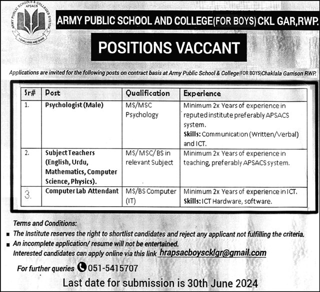 Army Public School And College Ckl Rawalpindi Jobs 2024 – Army Public School & College Paksitan Jobs 2024 — original advertisement