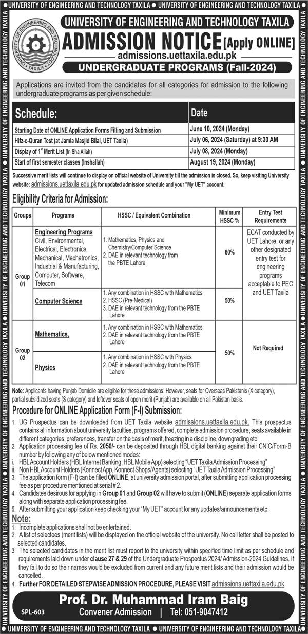 Admission Open in University of Engineering And Technology – University of Engineering  & Technology Lahore Admissions 2024 — original advertisement