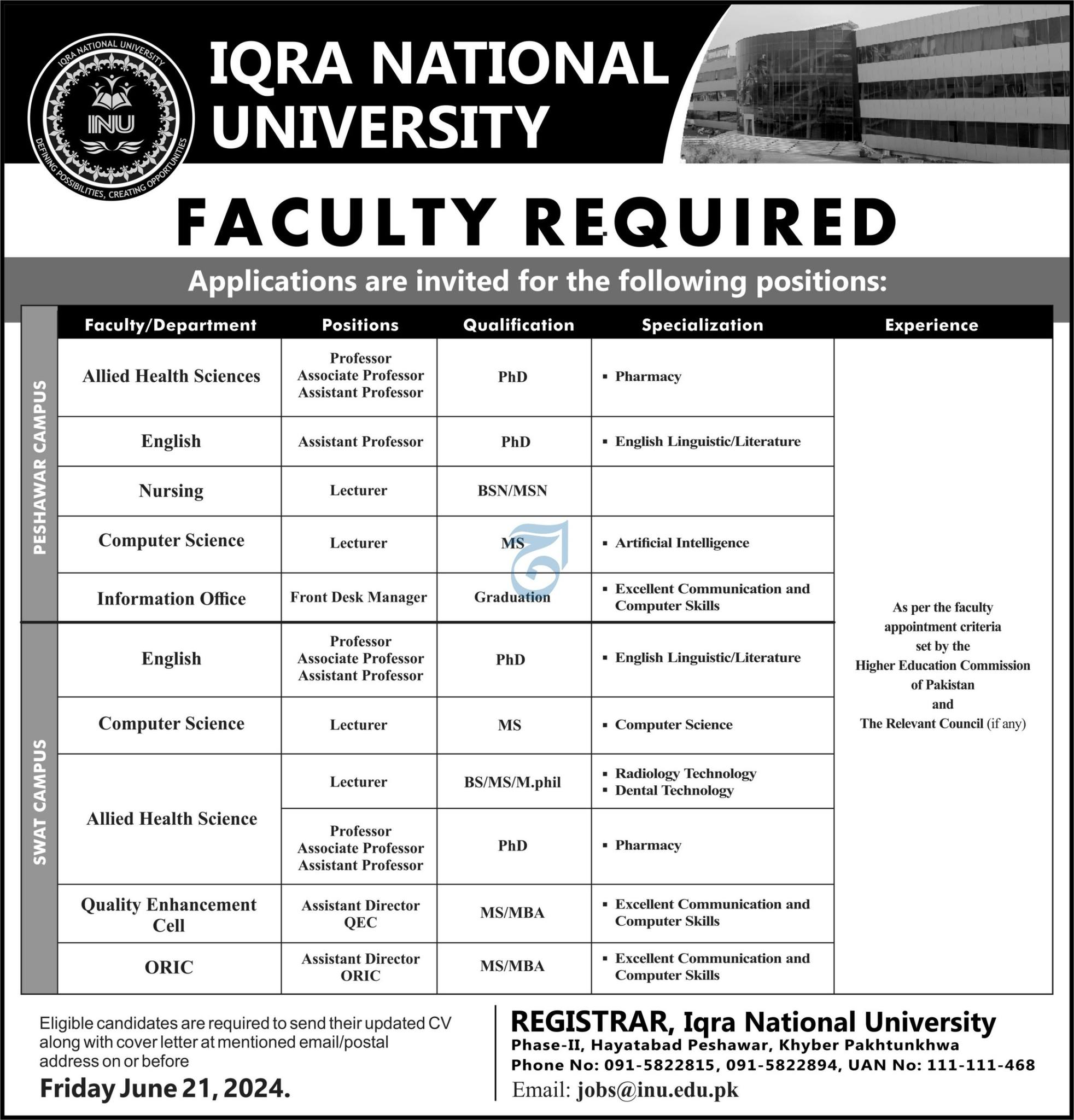 Faculty Required At Iqra National University Islamabad 2024 – Iqra University Islamabad Campus Jobs 2024 — original advertisement