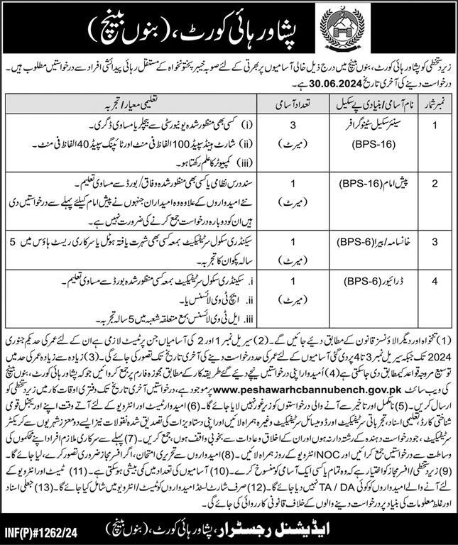 Peshawar High Court Bannu Bench Jobs 2024 – Peshawar High Court, Peshawar Jobs 2024 — original advertisement