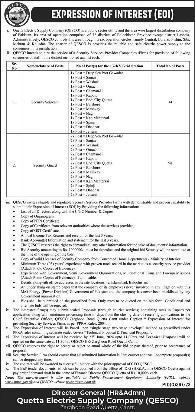 Quetta Electric Supply Company QESCO Quetta Jobs 2024 Jobs 2024 — original advertisement