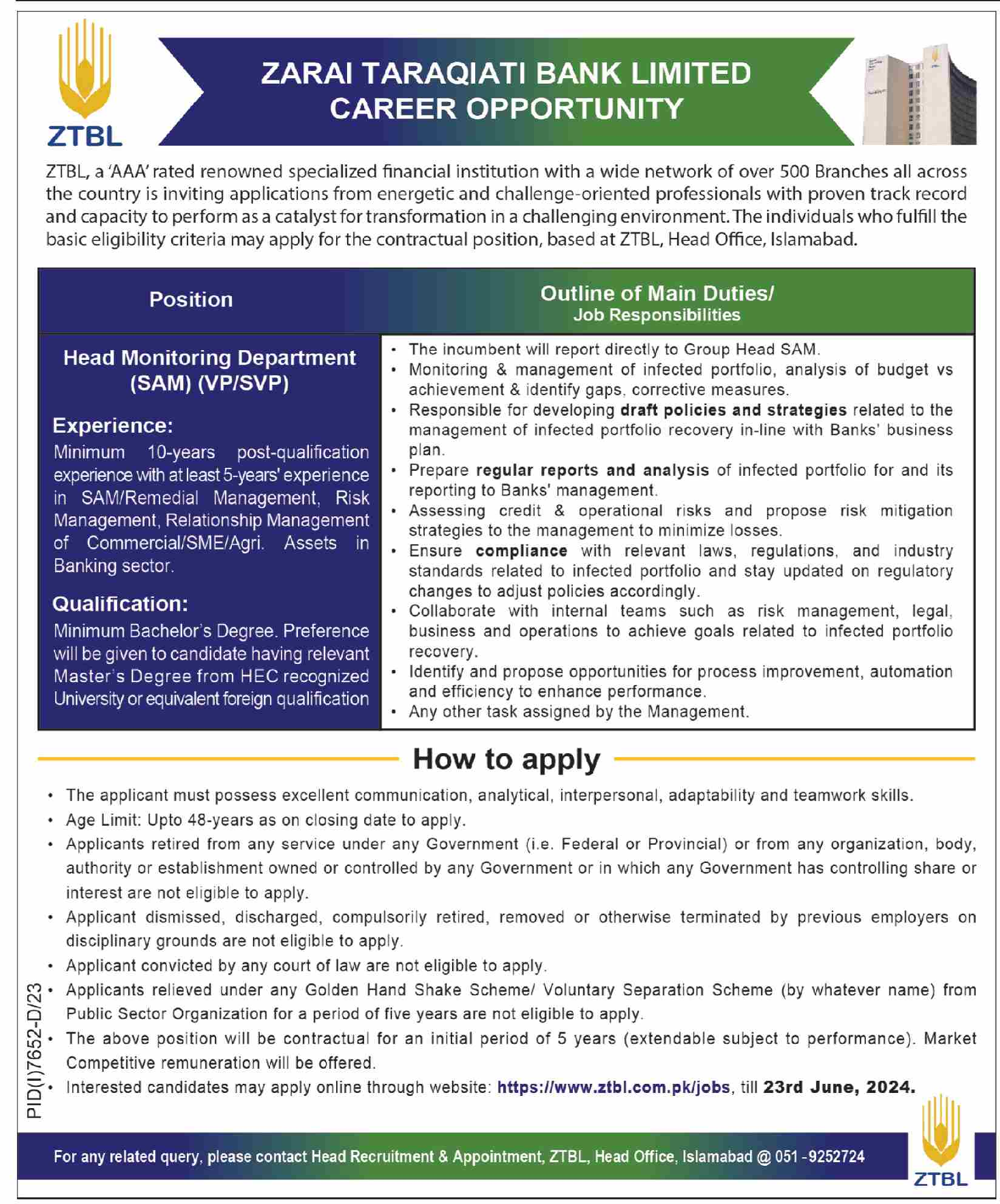 Zarai Taraqiati Bank Limited ZTBL Islamabad Jobs 2024 Jobs 2024 — original advertisement