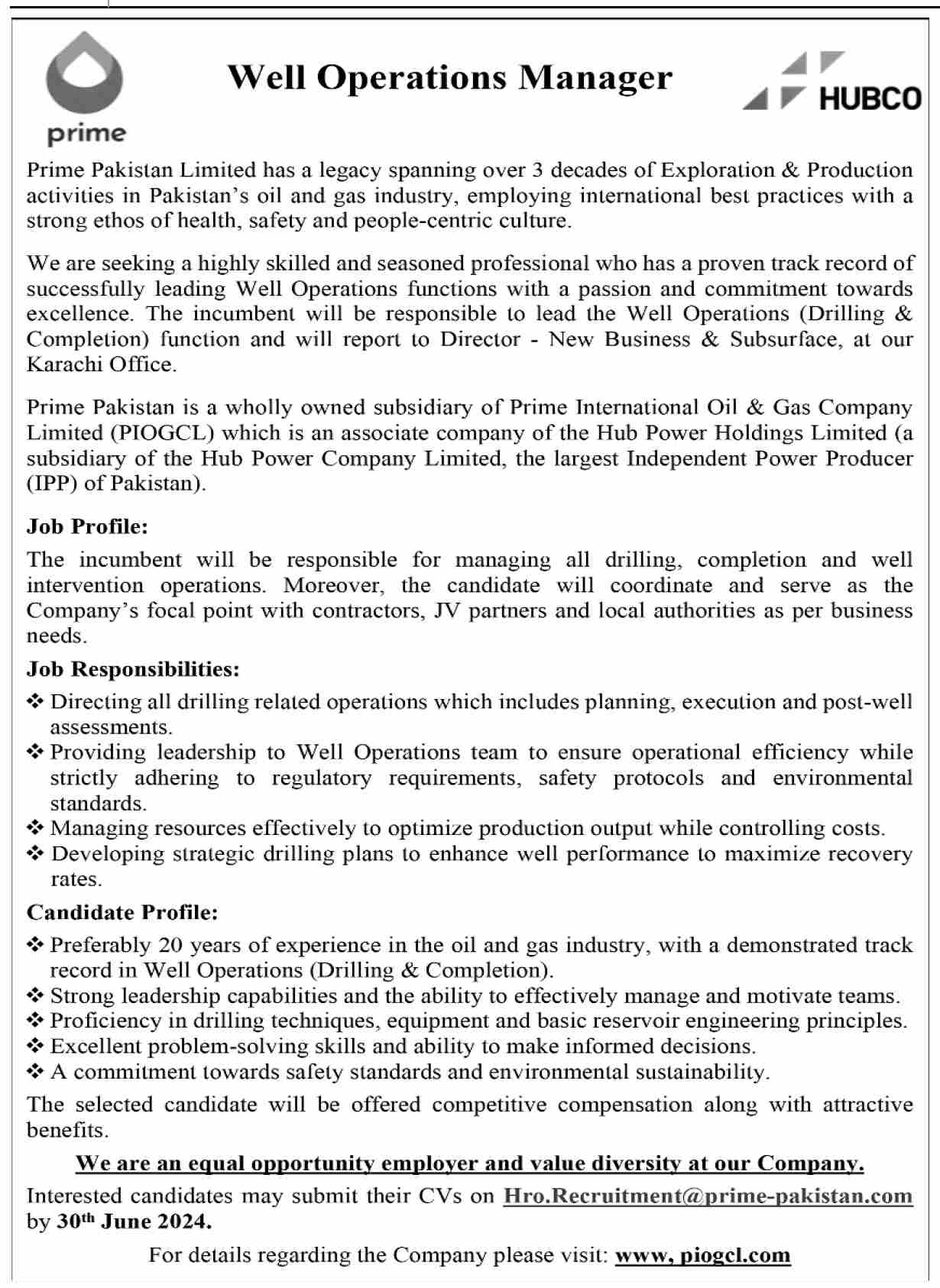 Prime Pakistan Limited PPL Karachi Jobs 2024 – Private Company Jobs 2024 — original advertisement