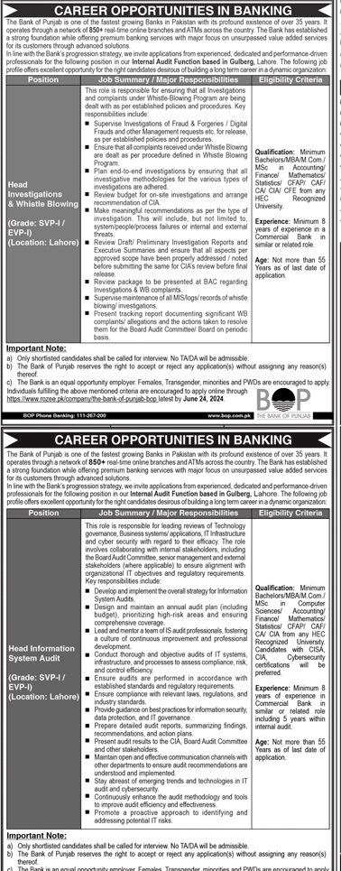 Bank Of Punjab BOP Lahore Job 2024 Jobs 2024 — original advertisement