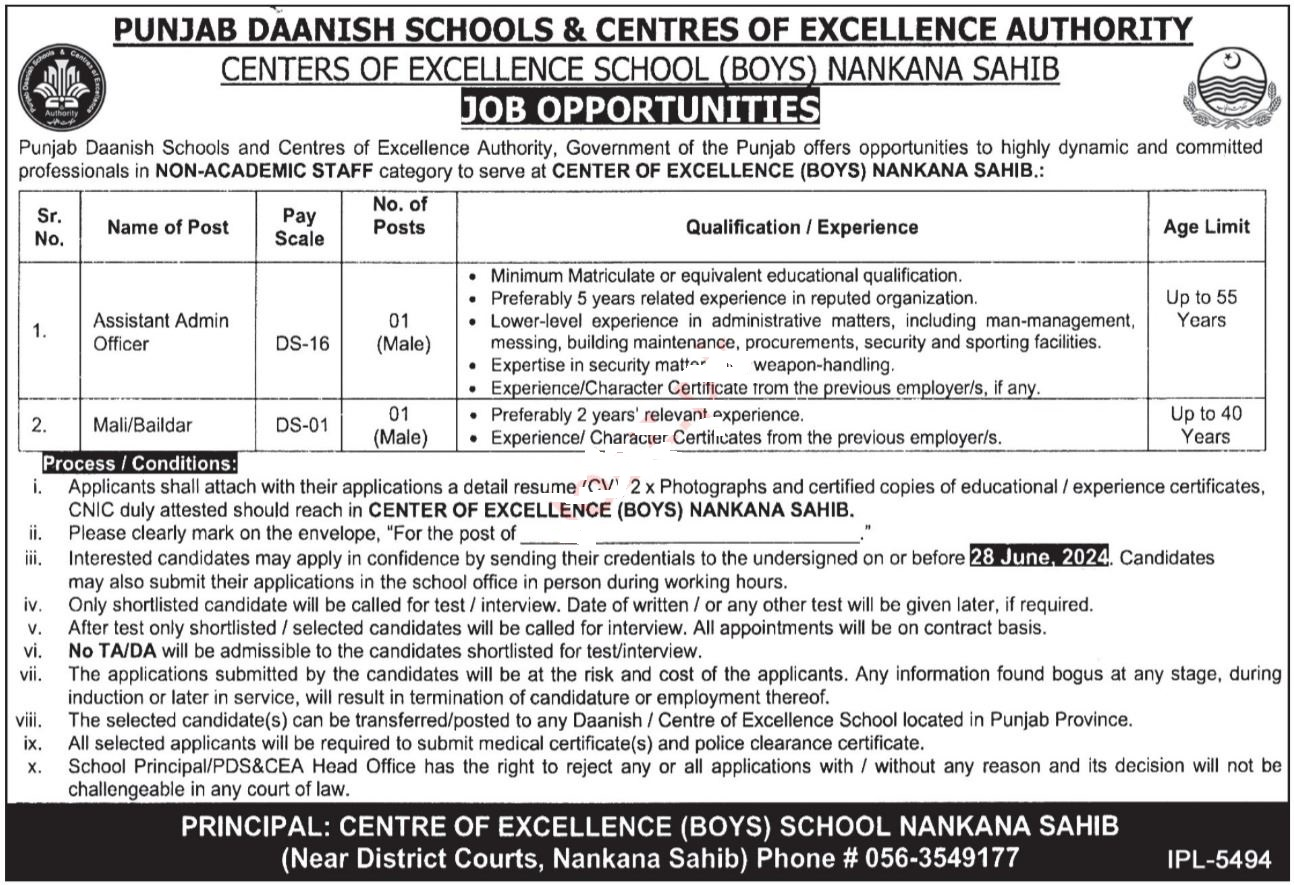 Punjab Daanish Schools & Center Nankana Sahib Jobs 2024 Jobs 2024 — original advertisement