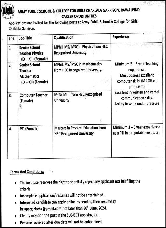 Army Pubilc School & College Jobs Rawalpindi 2024 – Army Public School & College Paksitan Jobs 2024 — original advertisement