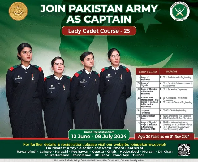 Join Pakistan Army As Captain Lady Cadet Course 25 Jobs 2024 — original advertisement