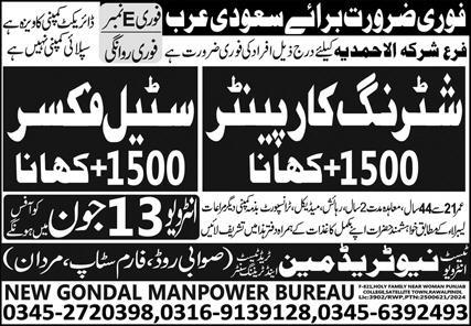 Shuttering Carpenter & Steel Fixer Jobs 2024 In Saudi Arabia – New Trade Man Trade Test & Training Center Jobs 2024 — original advertisement