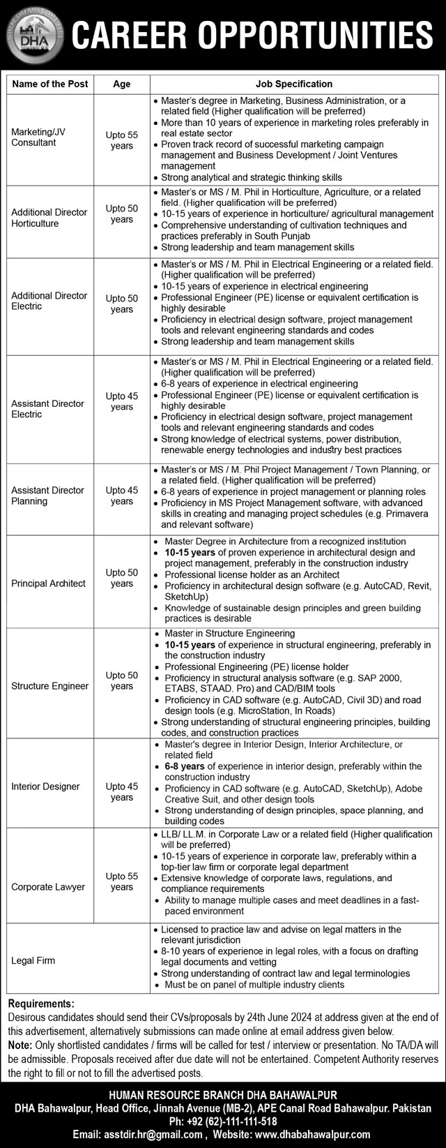 Defence Housing Authority DHA Bahawalpur Jobs Jobs 2024 — original advertisement