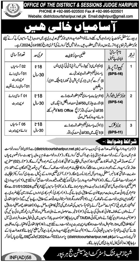 District & Session Court Haripur Jobs 2024 – District & Session Judge Jobs 2024 — original advertisement