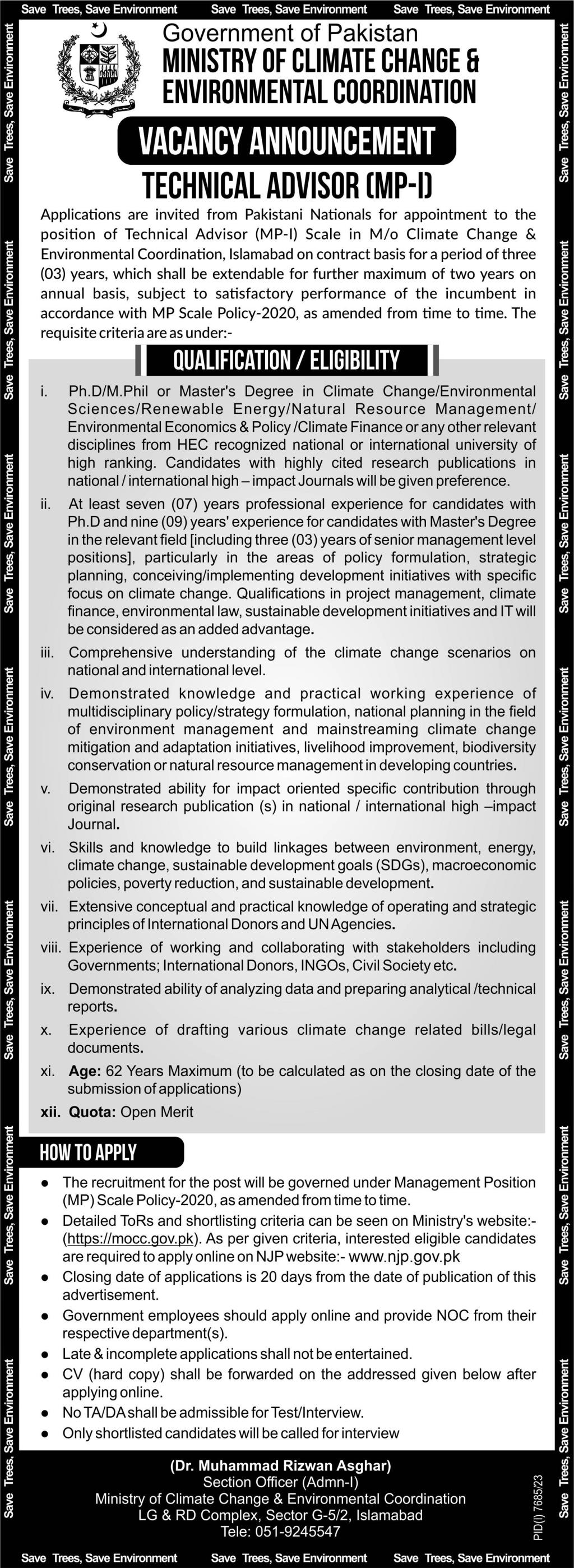 Ministry Of Climate Change & Environmental Coordination Jobs Jobs 2024 — original advertisement