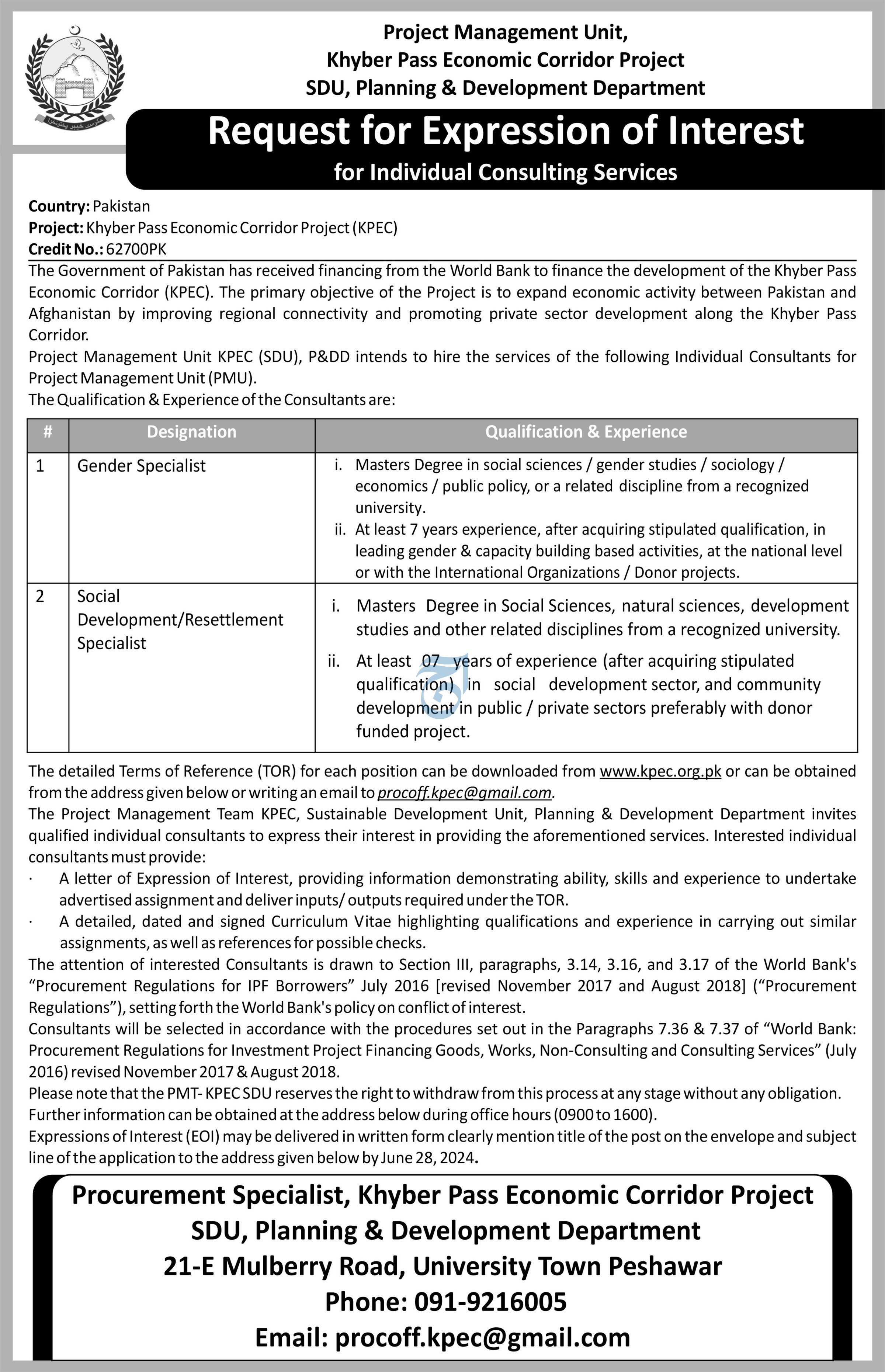Khyber Pass Economic Corridor KPEC Peshawar Jobs 2024 – Planning and Development Department Balochistan Jobs 2024 — original advertisement
