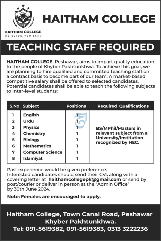 Haitham College Peshawar Khyber Pakhtunkhwa Jobs 2024 Jobs 2024 — original advertisement