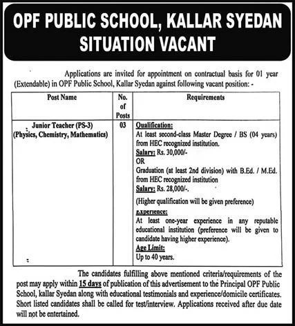 OPF Public School Kallar Syedan Jobs 2024 Jobs 2024 — original advertisement