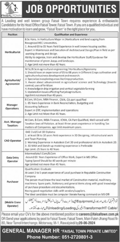 Faisal Town Rawalpindi Jobs 2024 – faisal town private limited Jobs 2024 — original advertisement