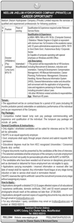NJHPC Neelum Jhelum Hydropower Company Jobs 2024 – Water and Power Development Authority Jobs 2024 — original advertisement