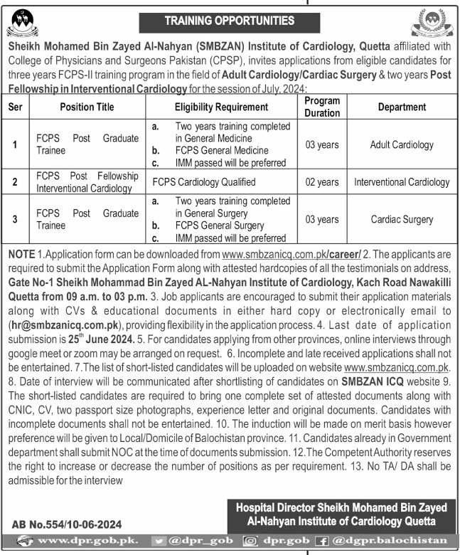 SMBZAN Institute Of Cardiology Post Graduate Trainee Jobs – Sheikh Mohammad Bin Zayed Al Nahyan SMBZAN Institute of Cardiology Scholarships 2024 — original advertisement