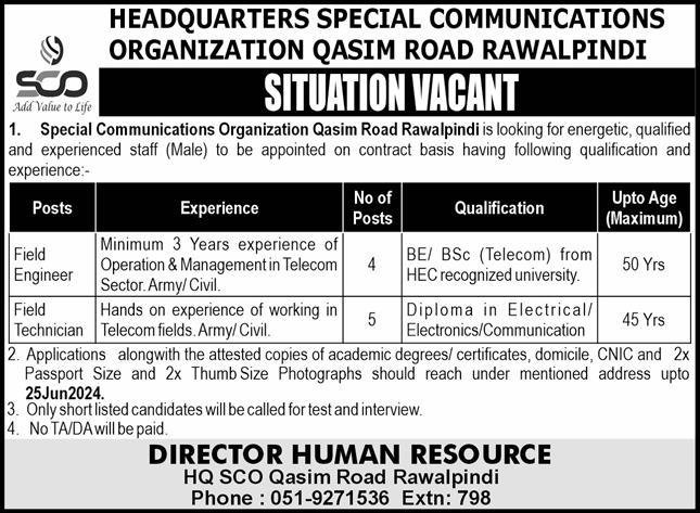 Special Communications Organization SCO Rawalpindi Jobs 2024 – Special Communication Organization Jobs 2024 — original advertisement