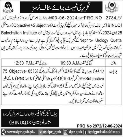 Balochistan Institute Of Nephrology Urology BINUQ Jobs 2024 – Balochistan Institute of Nephrology Urology (BINUQ) Quetta Jobs 2024 — original advertisement