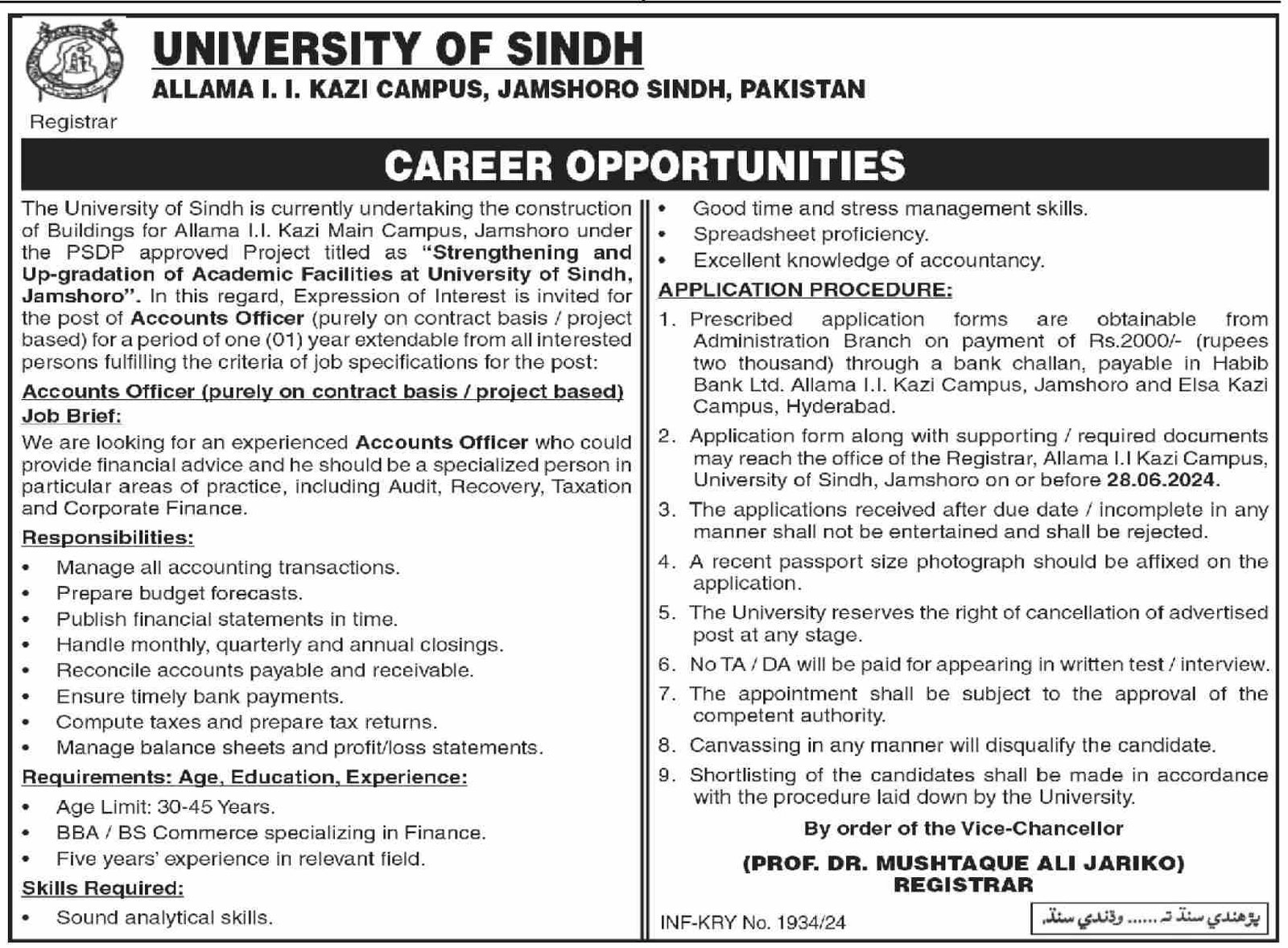 University Of Sindh Karachi Jobs 2024 – University of Sindh Jamshoro Jobs 2024 — original advertisement