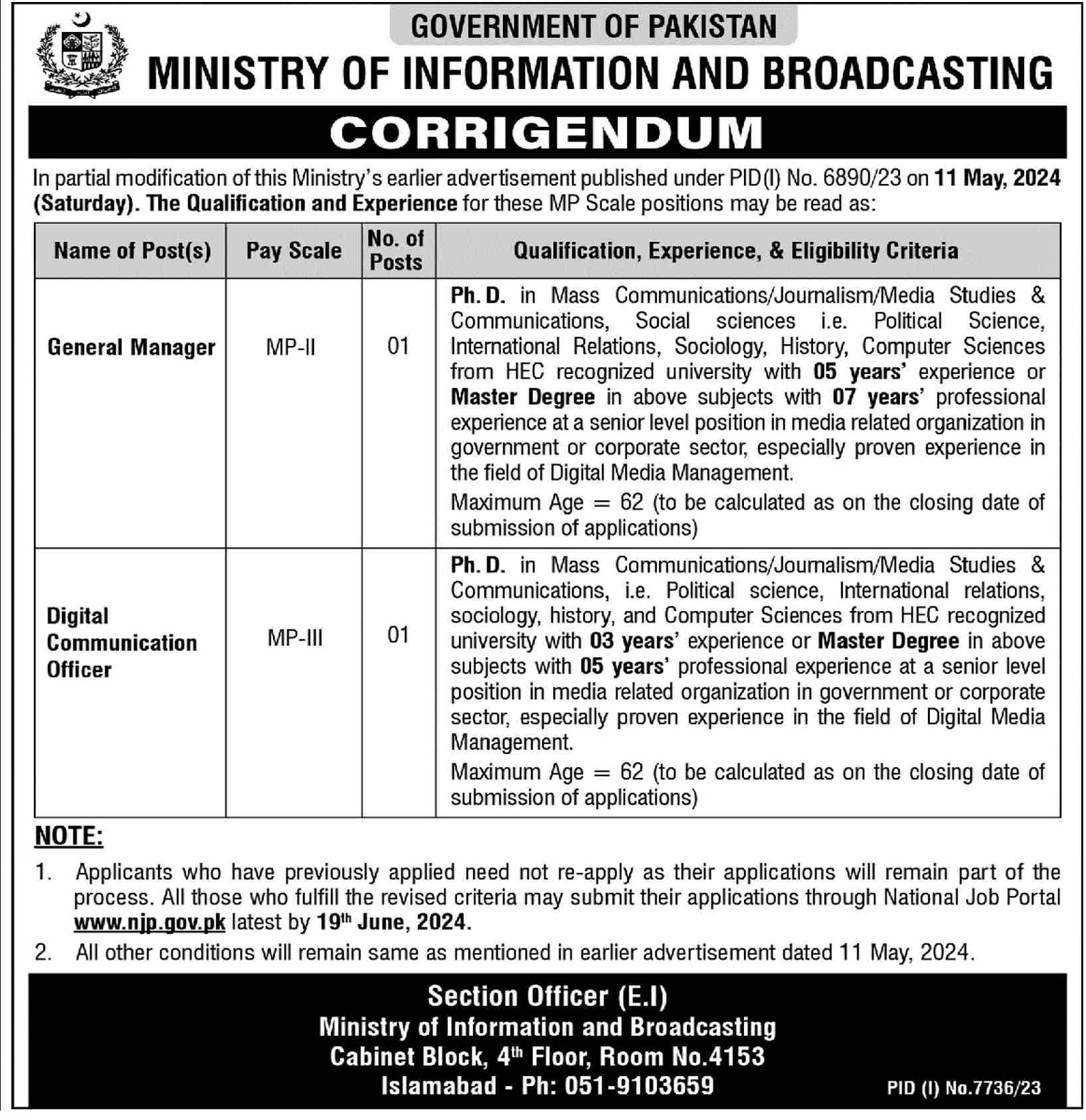 Ministry Of Information & Broadcasting MOIB Jobs 2024 – Ministry of Information & Broadcasting Pakistan Jobs 2024 — original advertisement